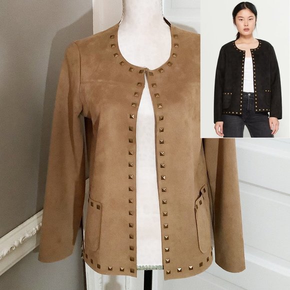 Carmen Marc Valvo Tan Faux Suede with Studs Jacket S Raw Hem - Picture 1 of 10